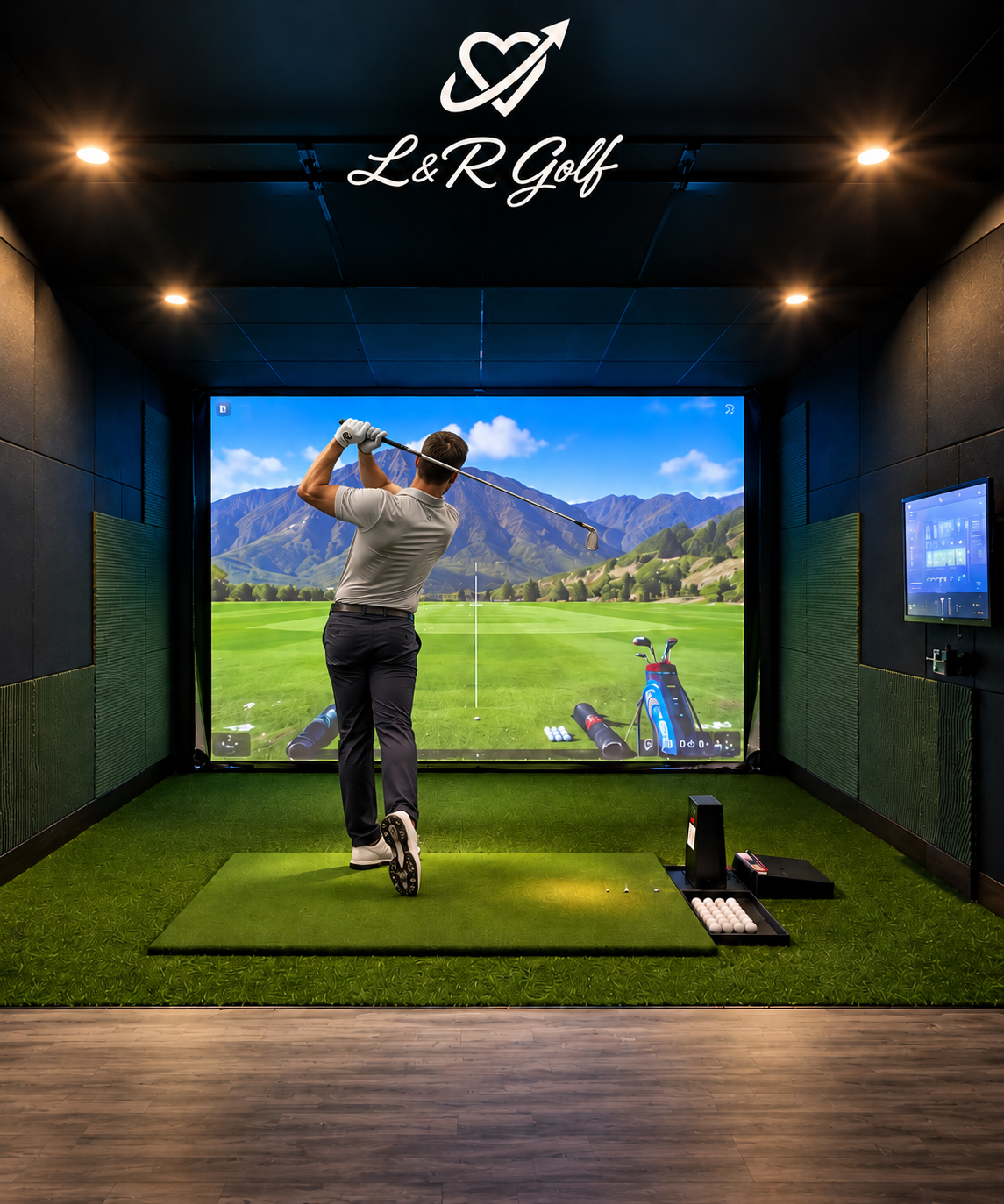 Golfer following through on a shot in an L&R Golf simulator bay